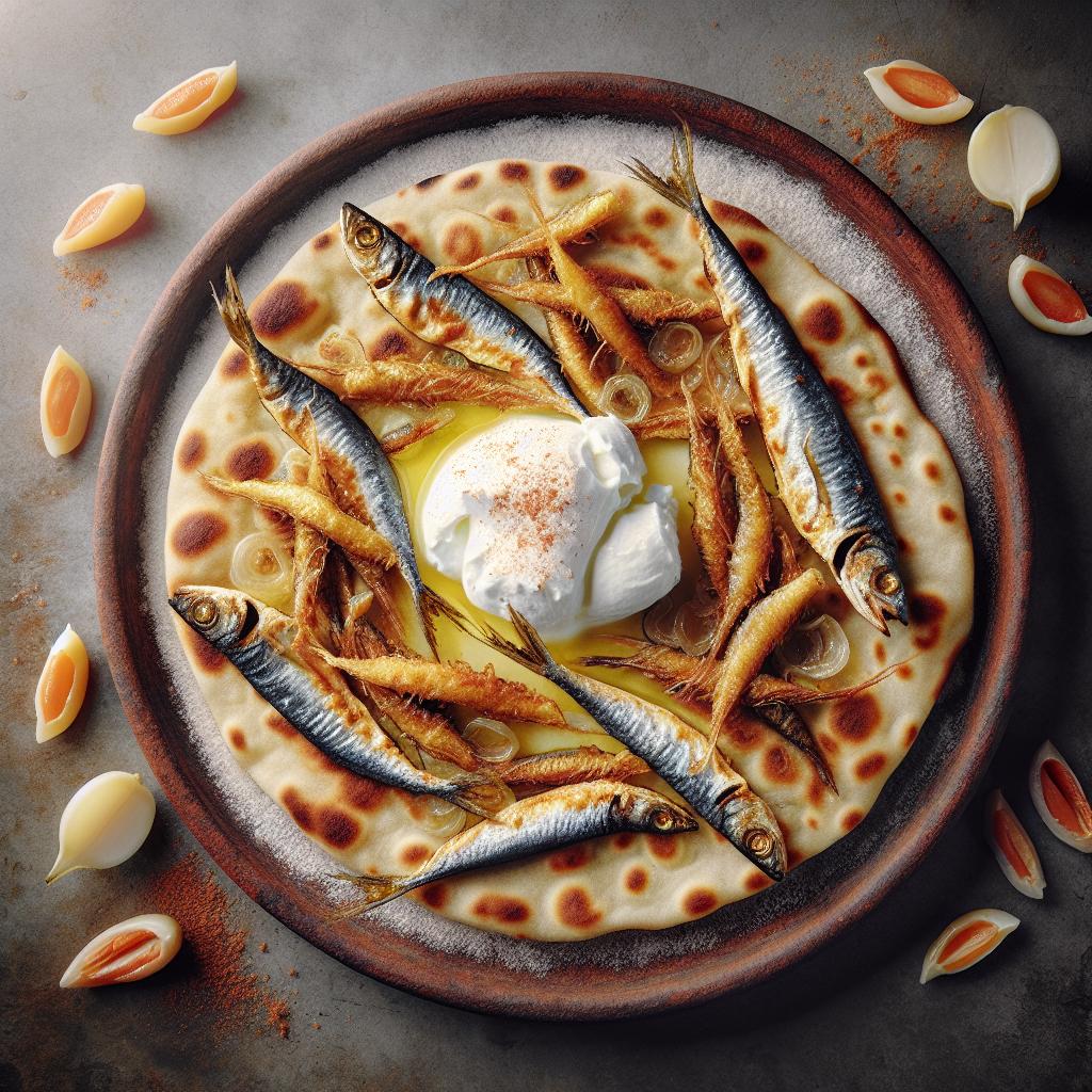 Piadina con sardinas fritas y burrata