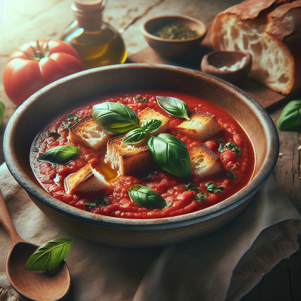 Plato único con sopa de pan y tomate