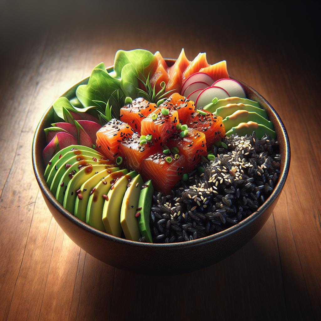 Poke bowl de arroz venere y salmón marinado