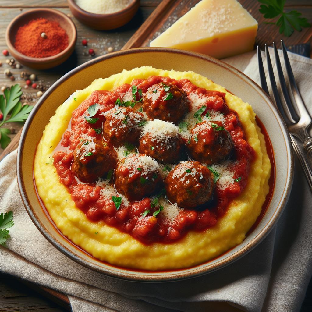 Polenta con albóndigas en salsa