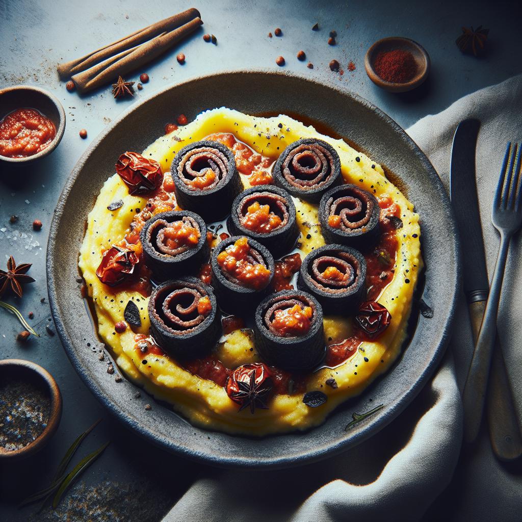 Polenta taragna con rollitos en salsa