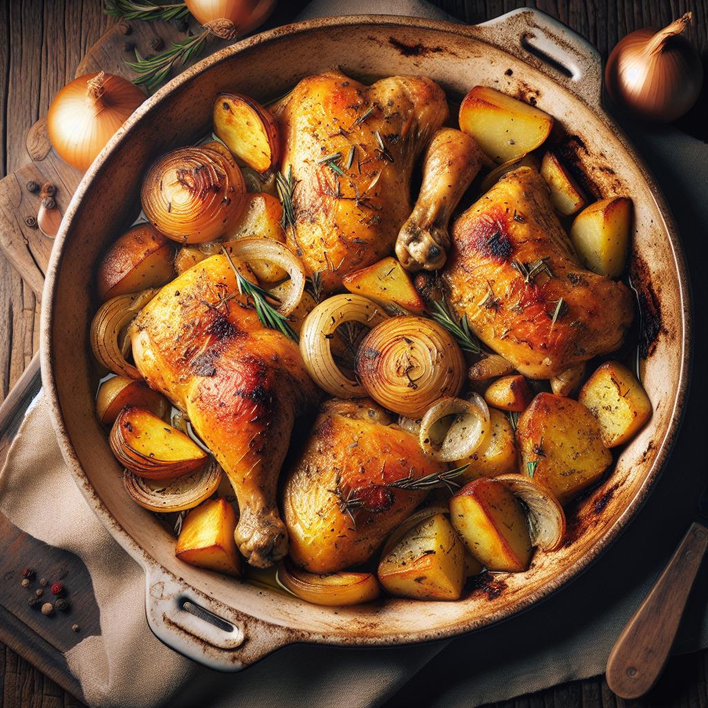 Pollo al horno con patatas y cebollas