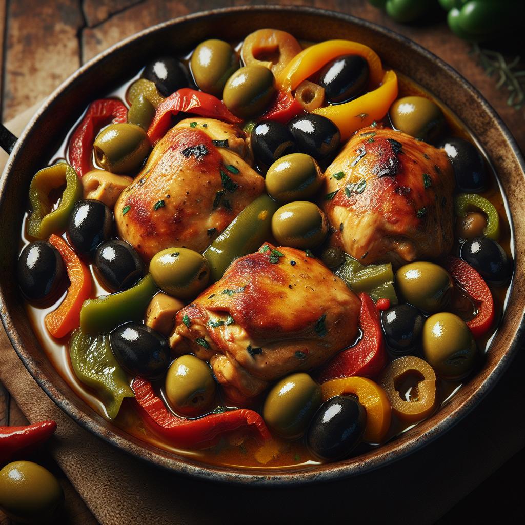 Pollo con aceitunas y pimientos