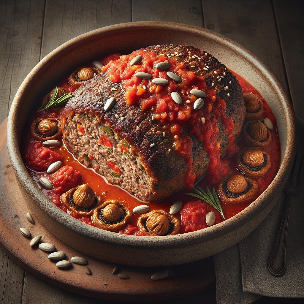 Pastel de carne con salsa roja de champiñones y semillas de girasol