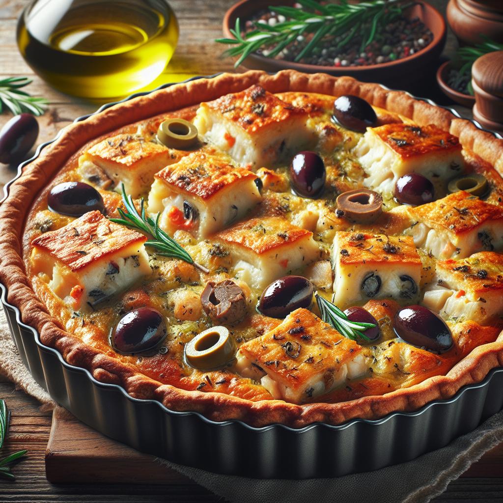 Quiche de bacalao, aceitunas y setas porcini