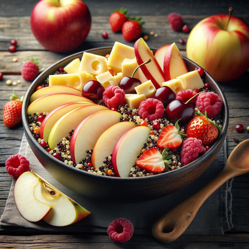 Quinoa bowl con manzanas, queso y frutos rojos