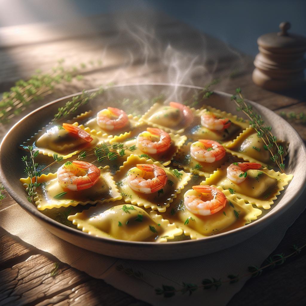 Ravioli de gambas y limón con mantequilla y tomillo