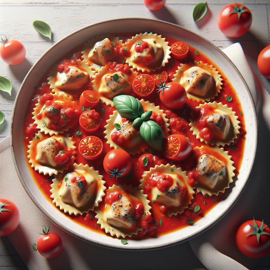 Ravioli de pescado con tomates cherry