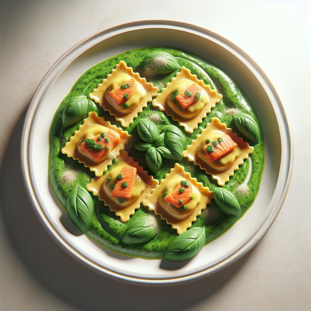 Ravioli rellenos de salmón con salsa de albahaca