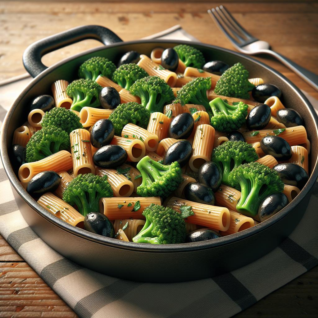 Rigatoni con brócoli y aceitunas negras