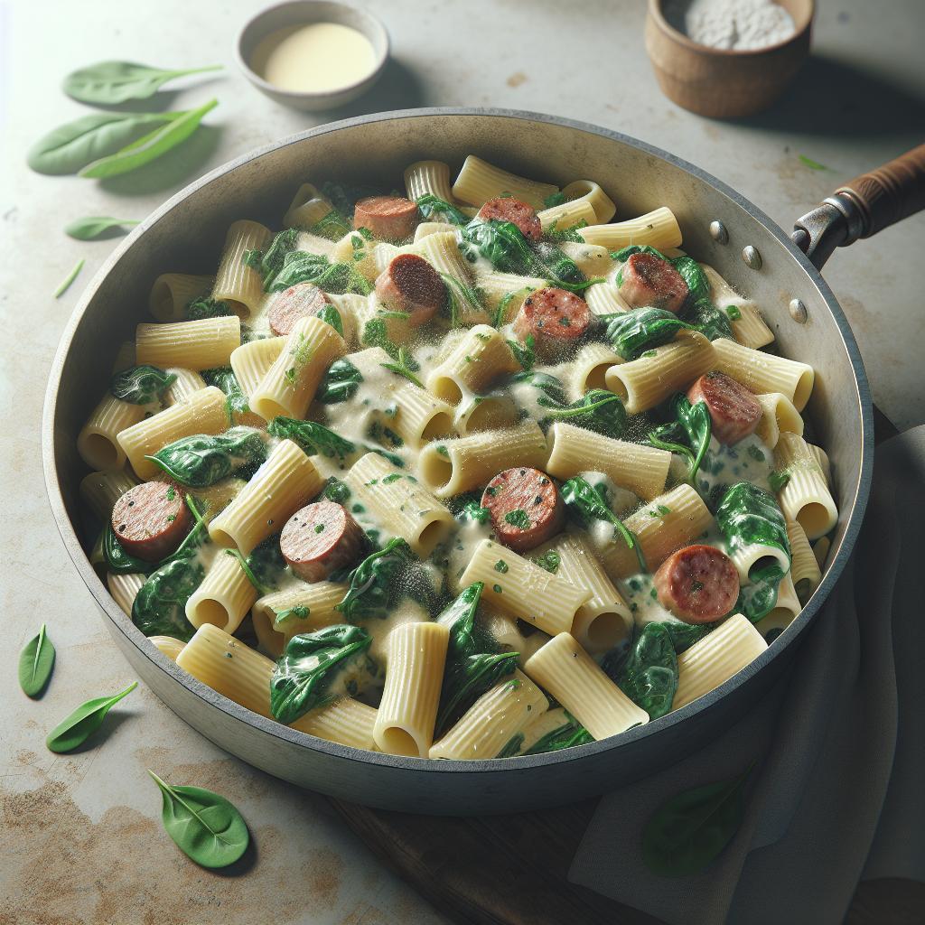 Rigatoni con espinacas, salchicha y robiola