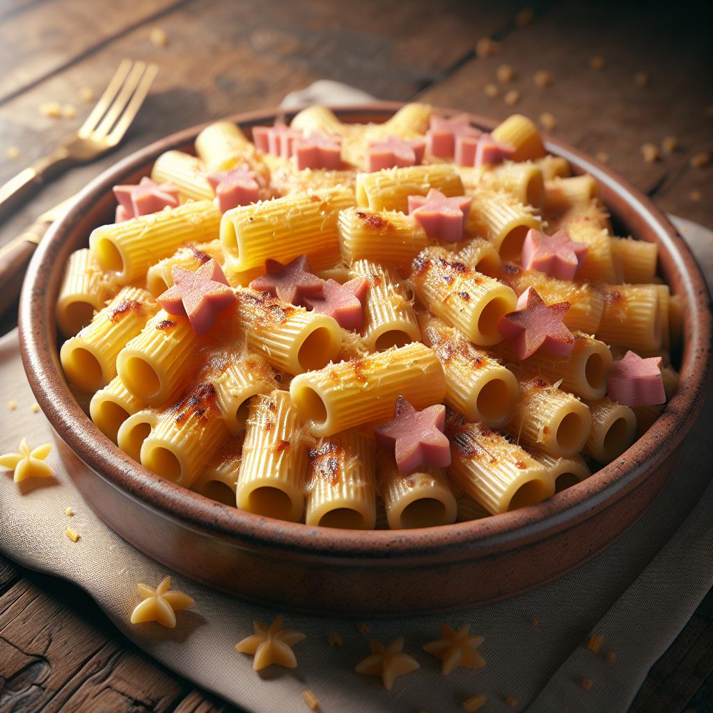 Rigatoni gratinados con estrellitas de mortadela