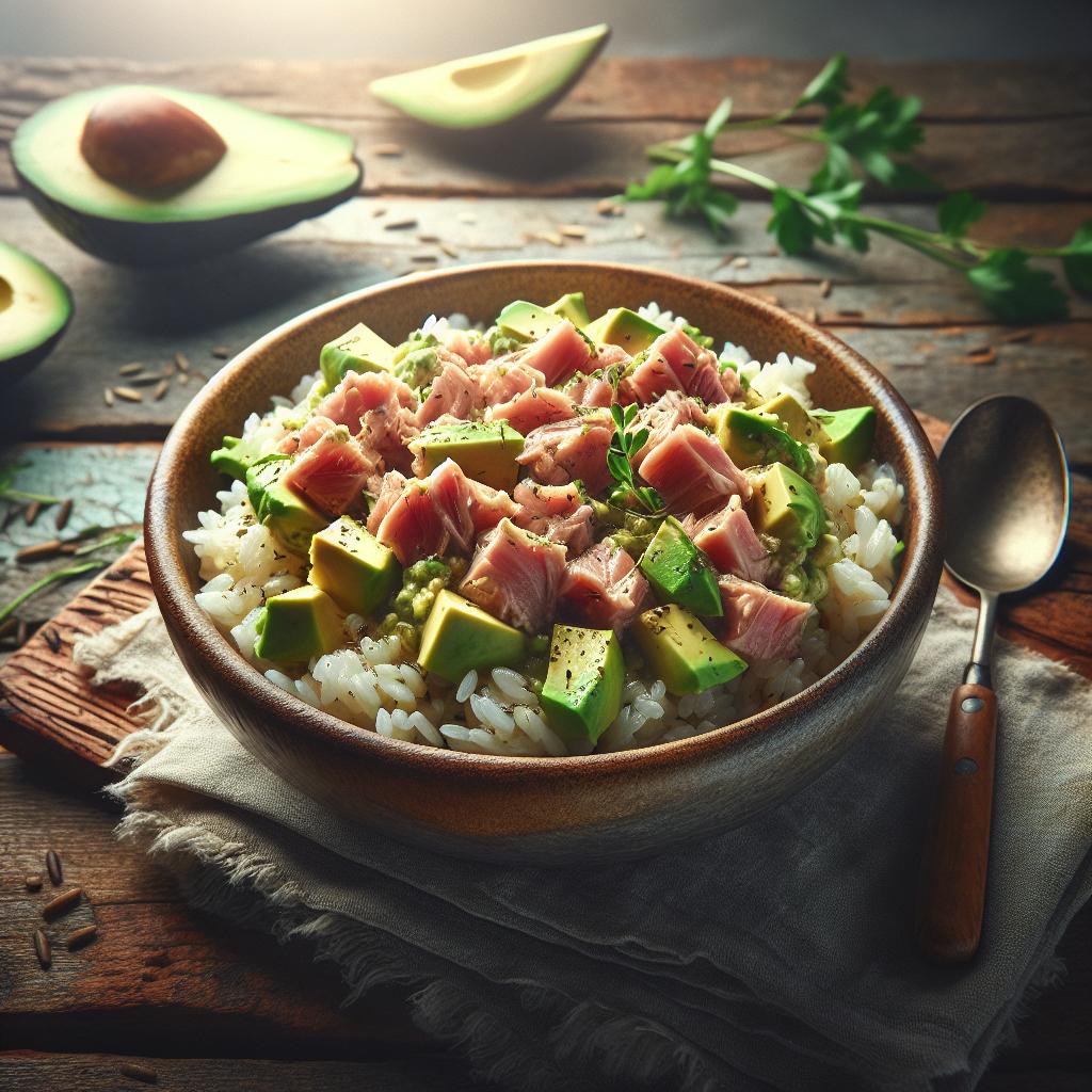 Arroz con aguacate y atún
