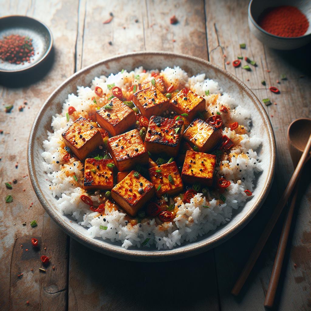 Arroz con tofu salteado picante