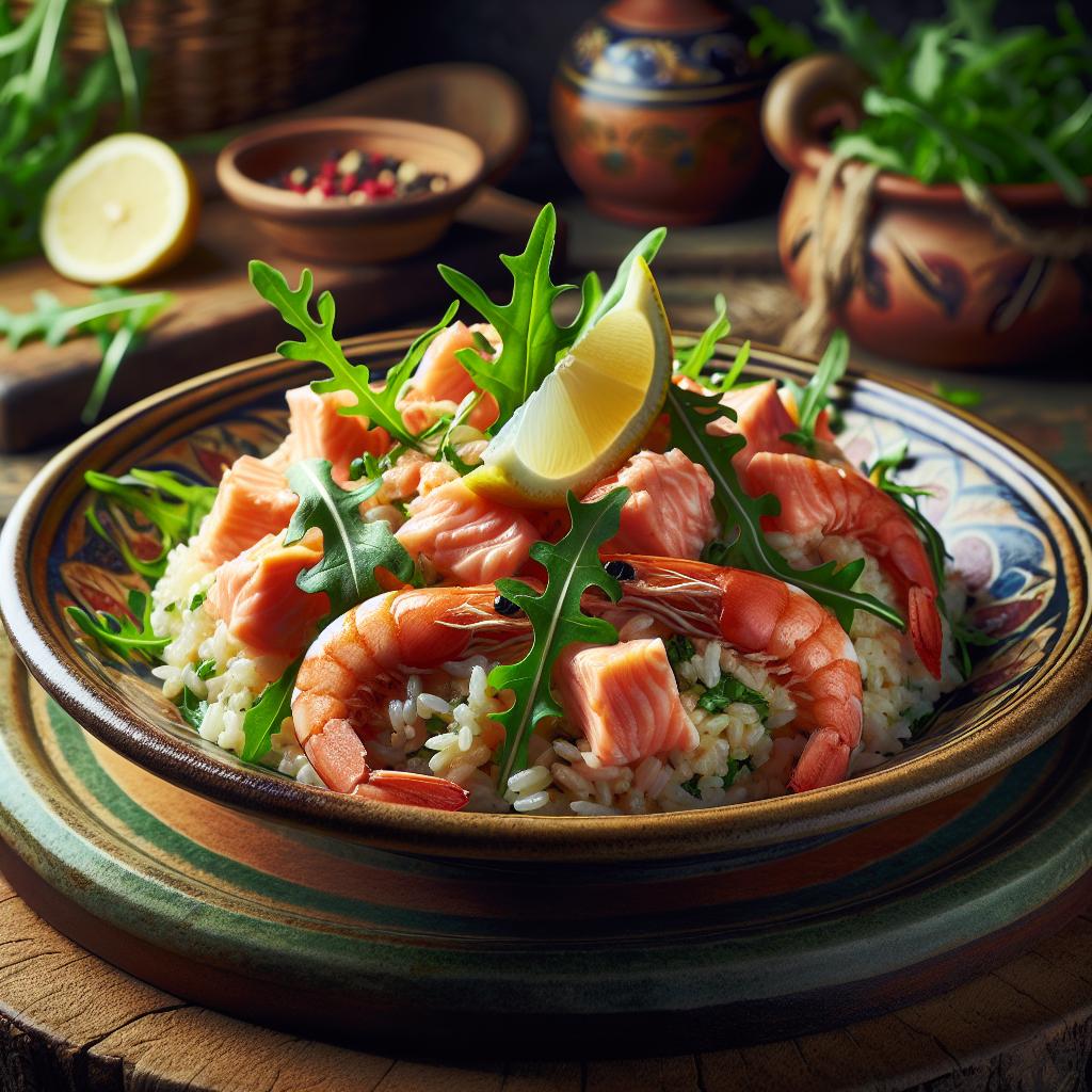 Arroz frío con salmón, gambas y rúcula