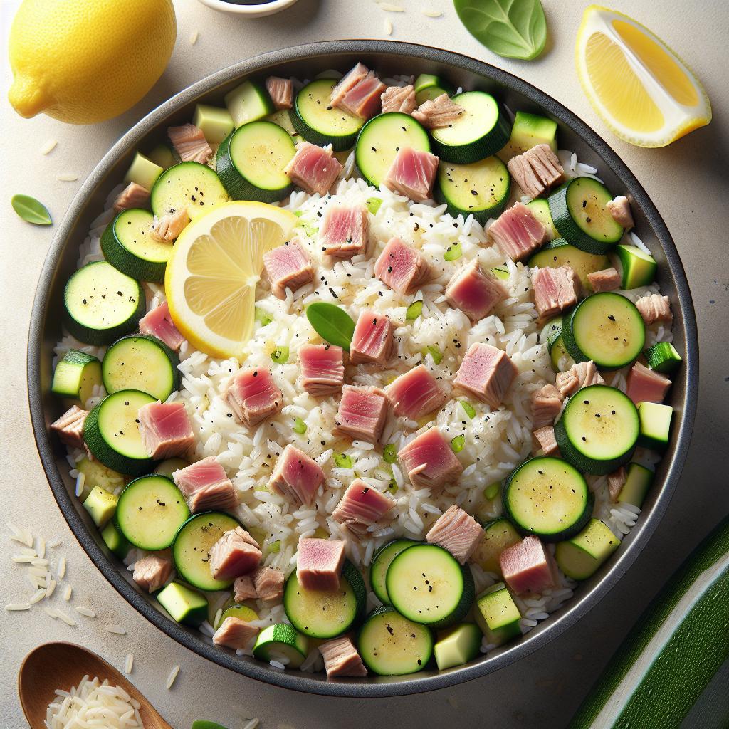 Arroz frío con atún, calabacines y limón