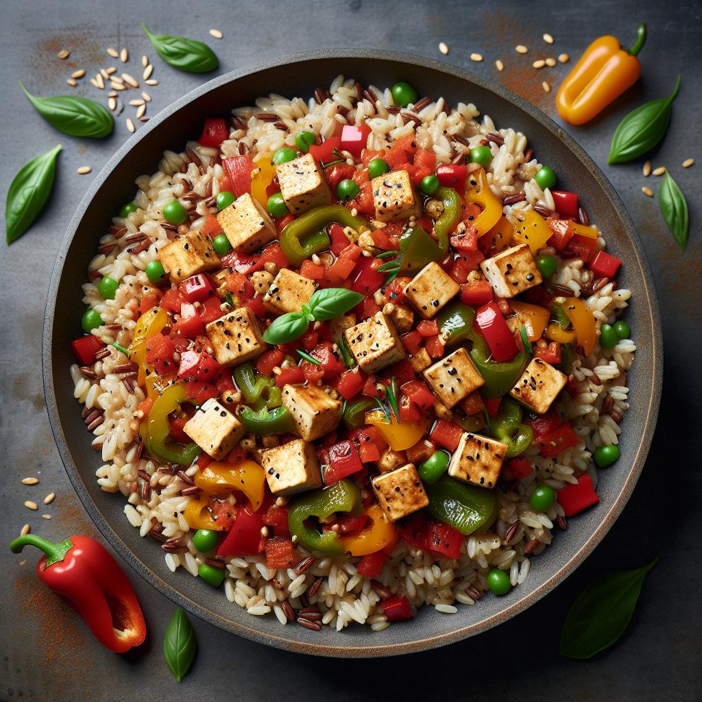 Arroz, cebada y espelta en salsa de pimientos y tofu