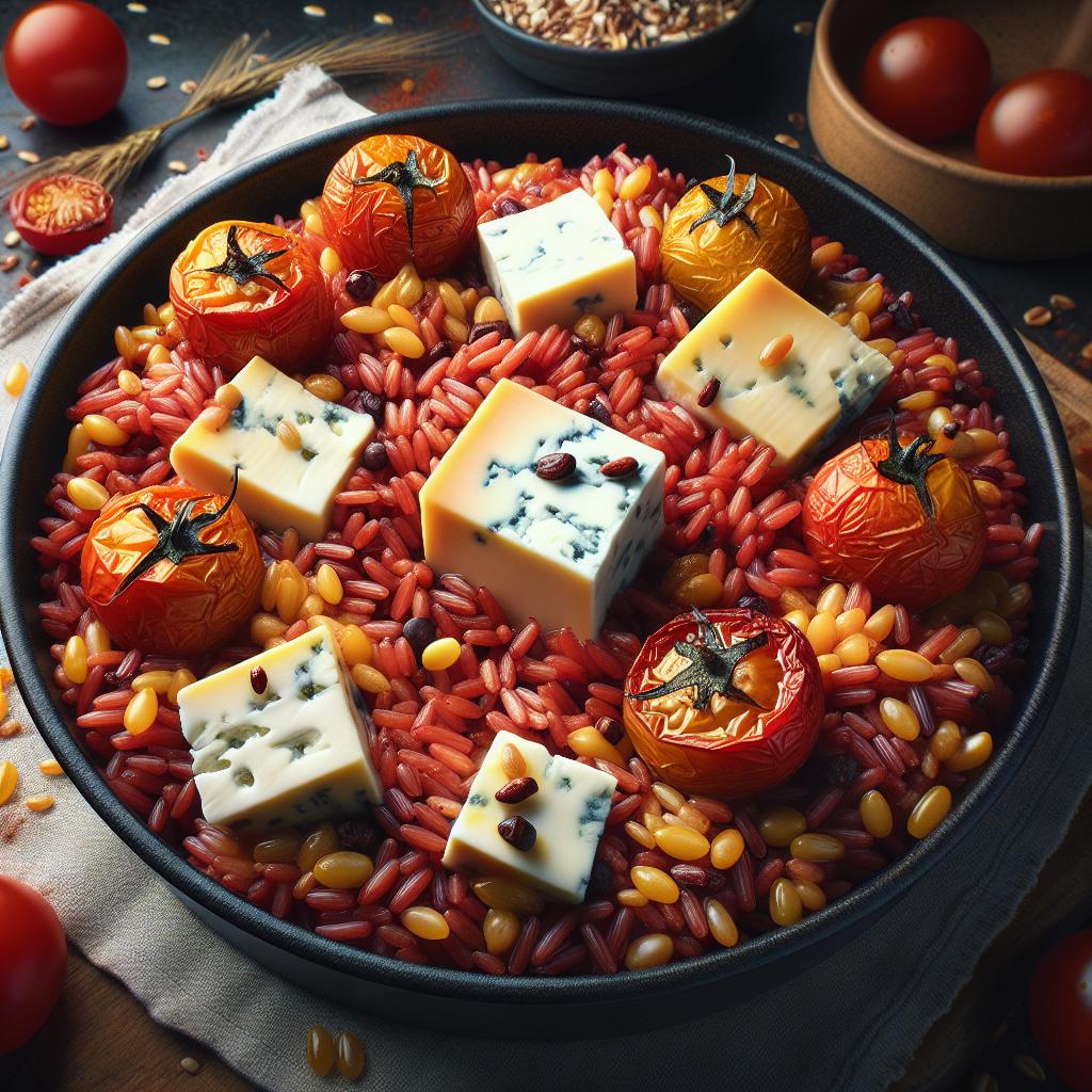 Arroz rojo y cereales con búfala y tomates cherry asados
