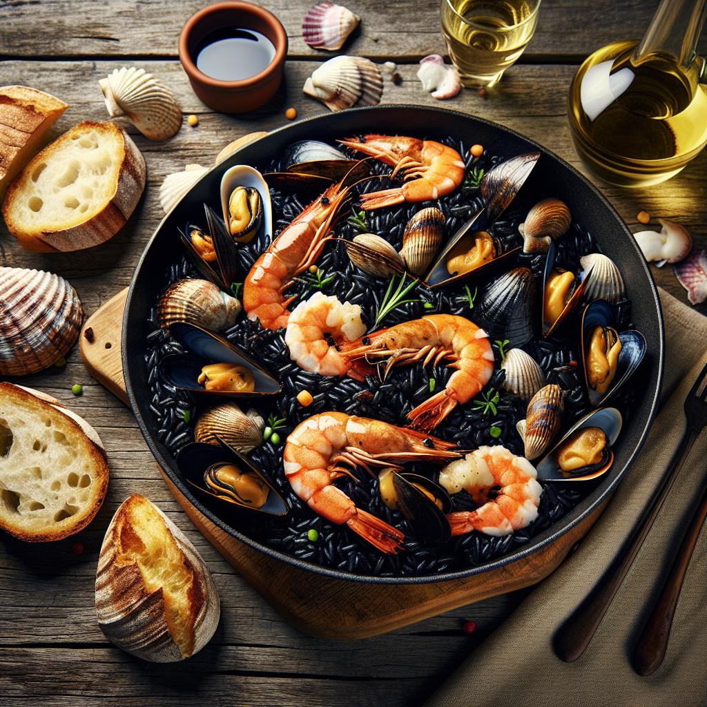 Arroz venere con frutos del mar
