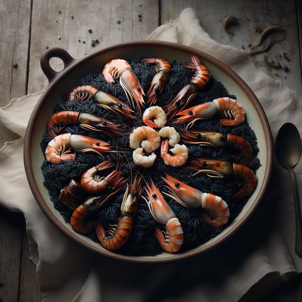 Arroz Venere con penachos de calamares y langostinos