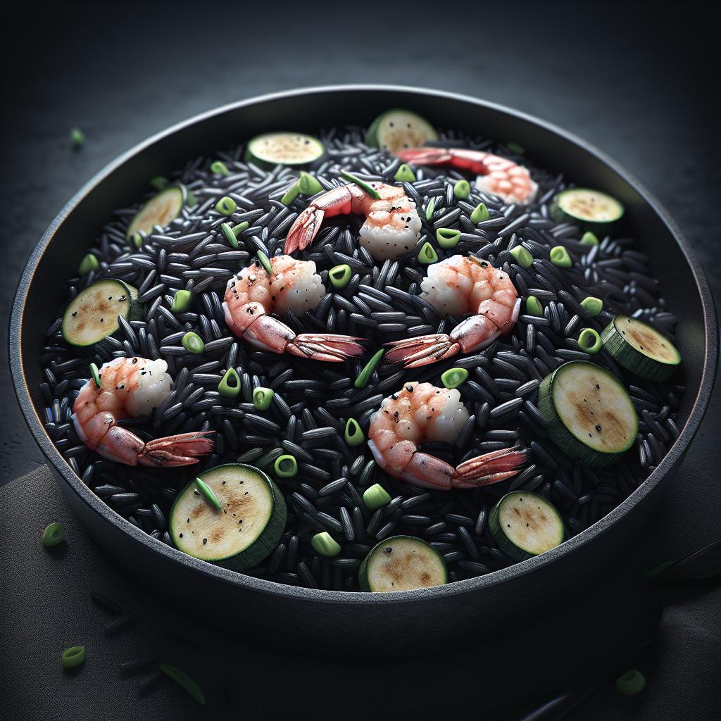 Arroz Venere con gambas y calabacines