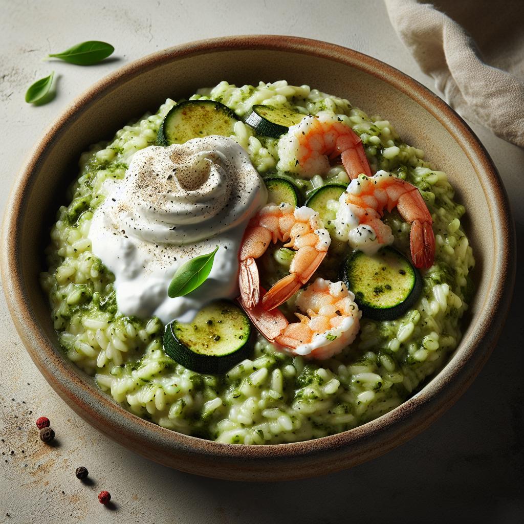 Risotto al pesto de calabacines, yogur y cigalas