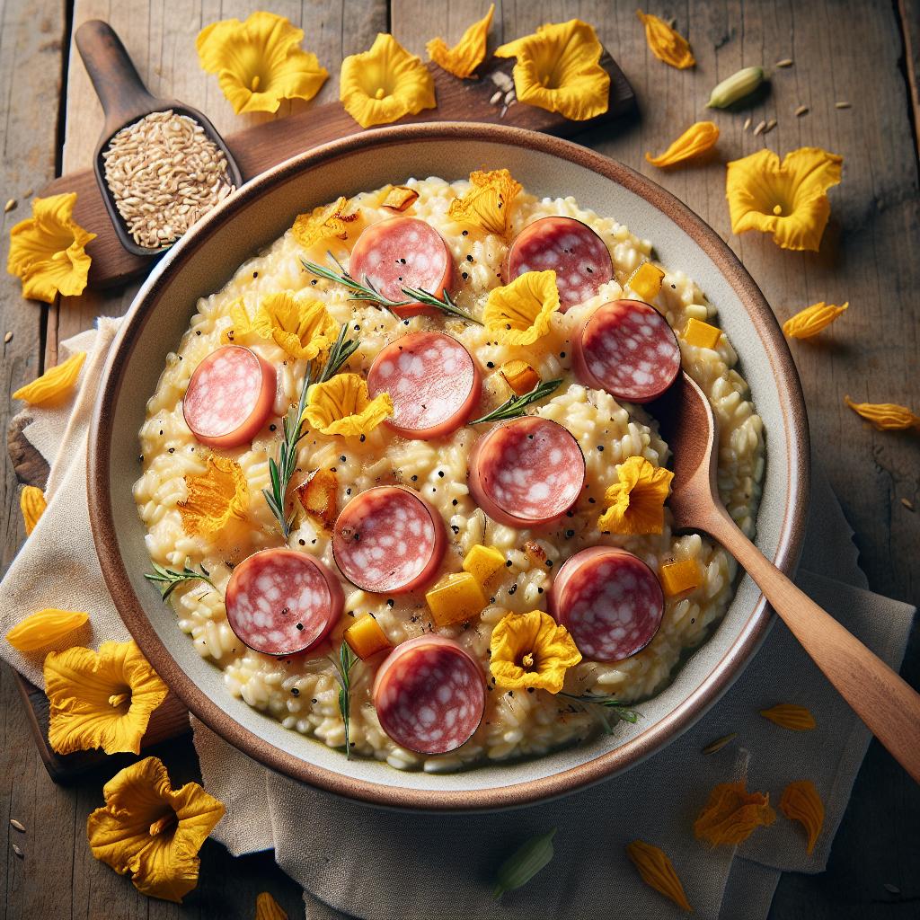 Risotto a la cerveza con mortadela y flores de calabaza
