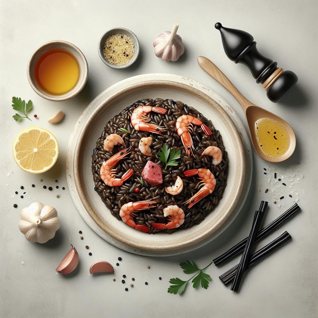Risotto a la regaliz y gambas