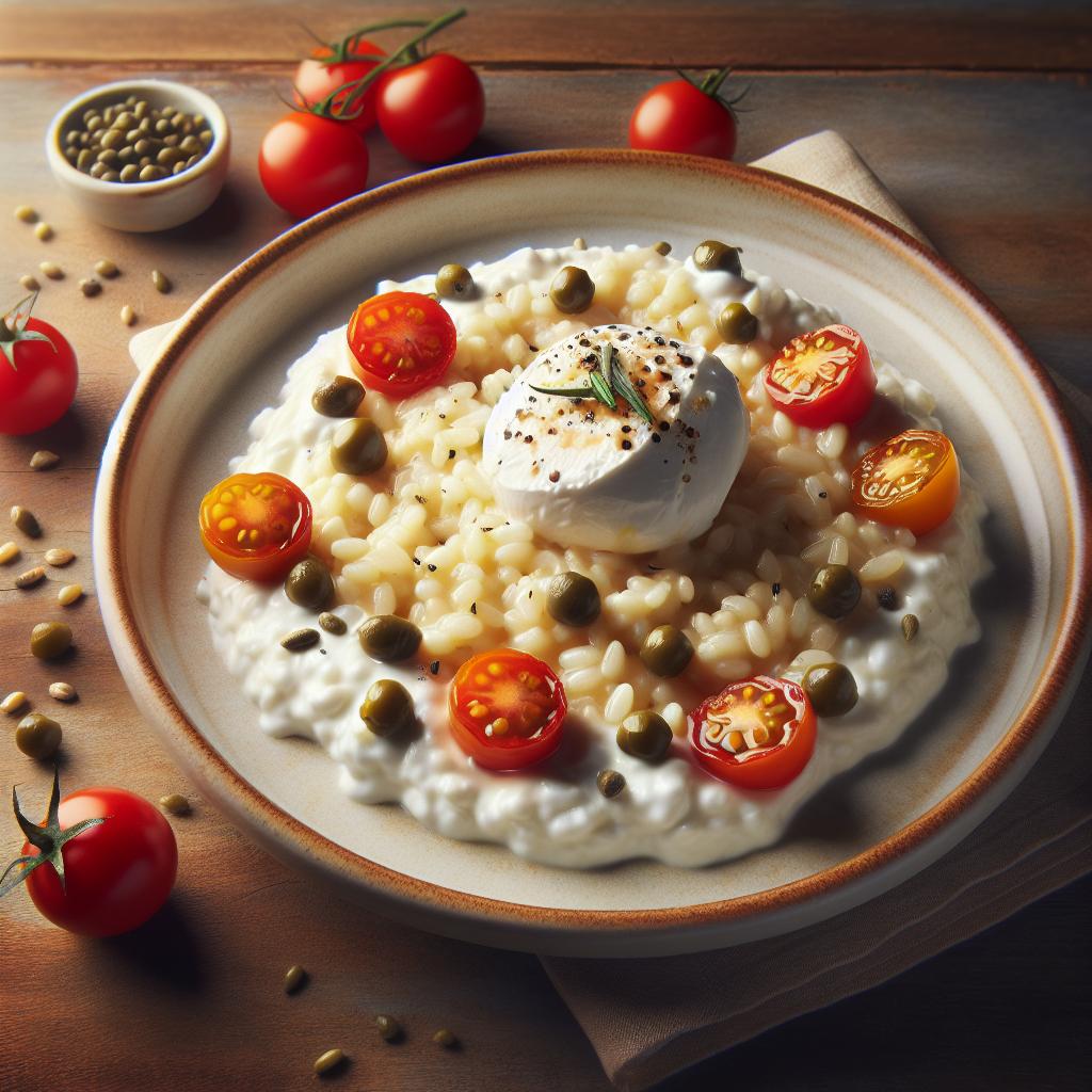 Risotto con burrata, alcaparras y tomates cherry