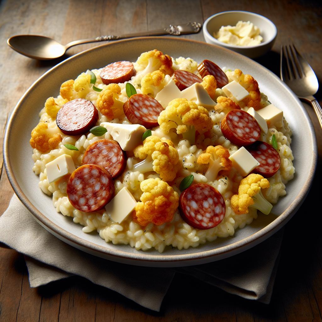 Risotto con coliflor, salchicha y brie