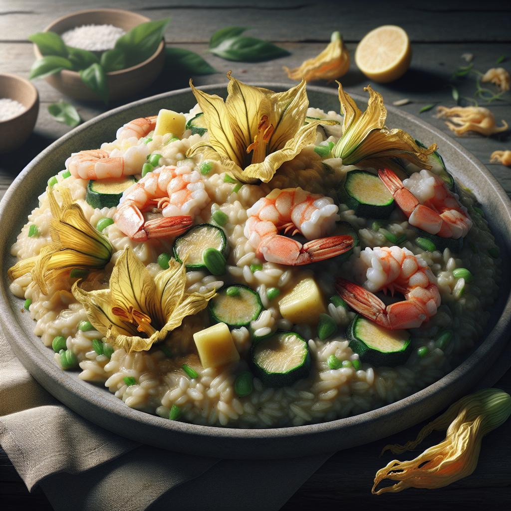 Risotto con gambas, calabacines y flores de calabaza