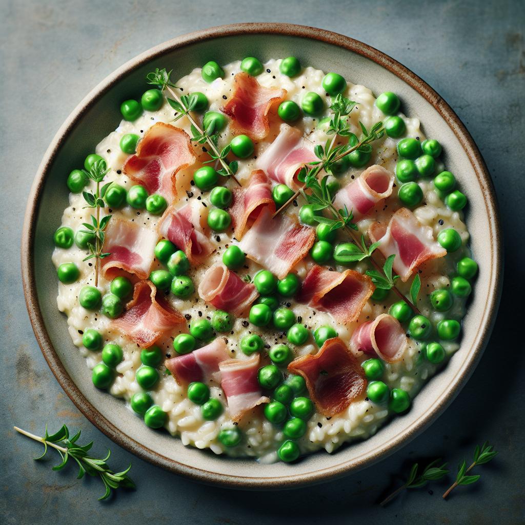 Risotto con guisantes, panceta y mejorana