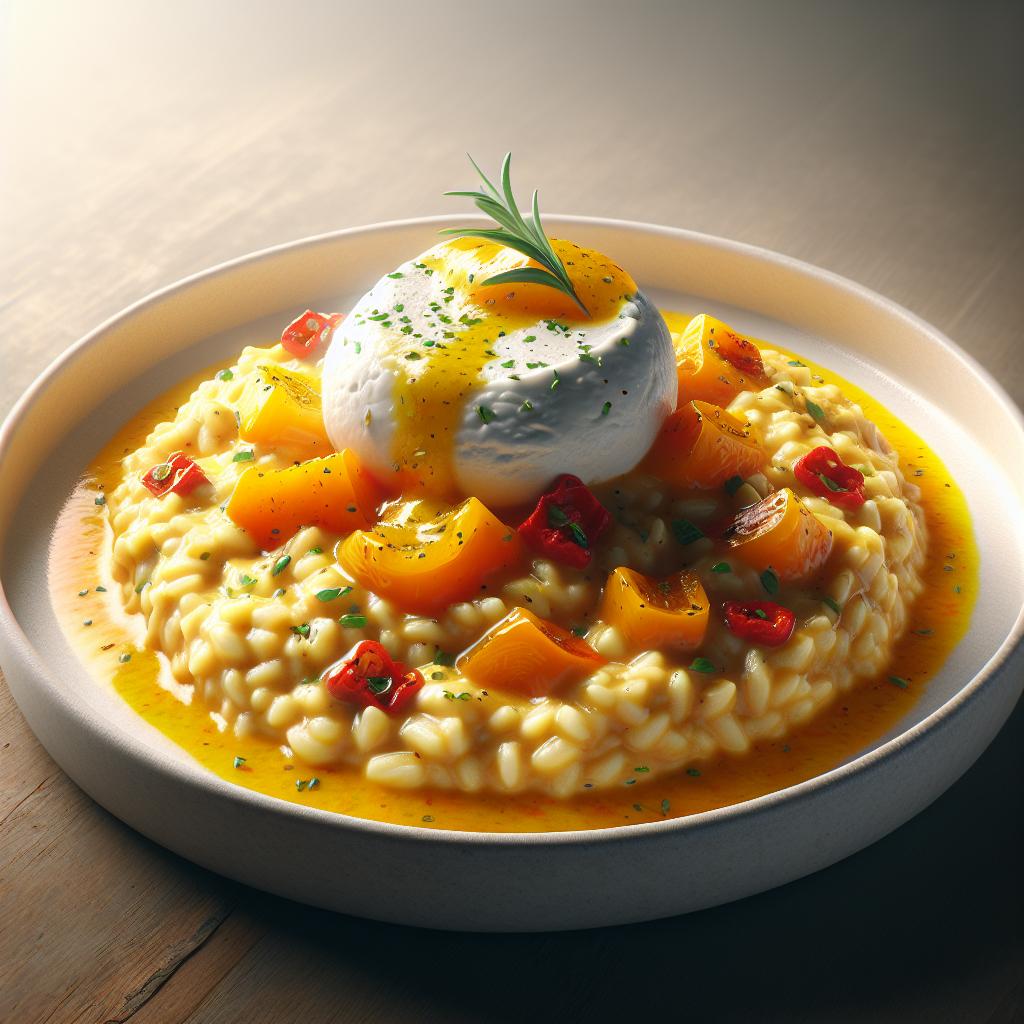 Risotto cremoso con pimientos y burrata
