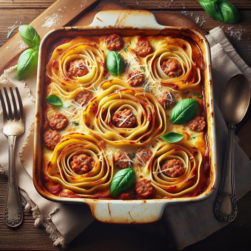 Rosas de lasaña al ragú de salchicha