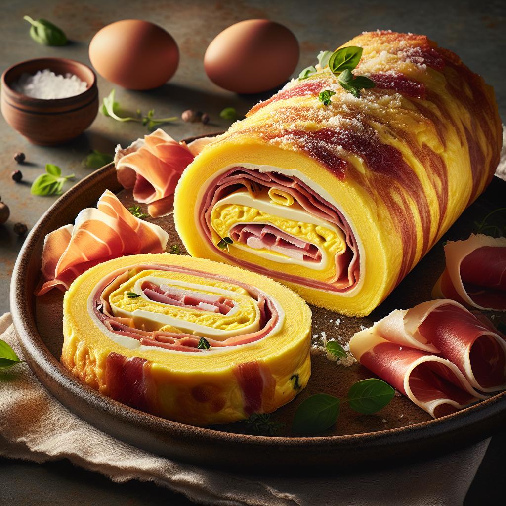 Rollo de tortilla con jamón y caciotta
