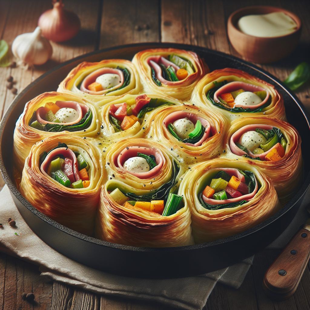 Rollo de hojaldre con verduras, jamón cocido y mozzarella
