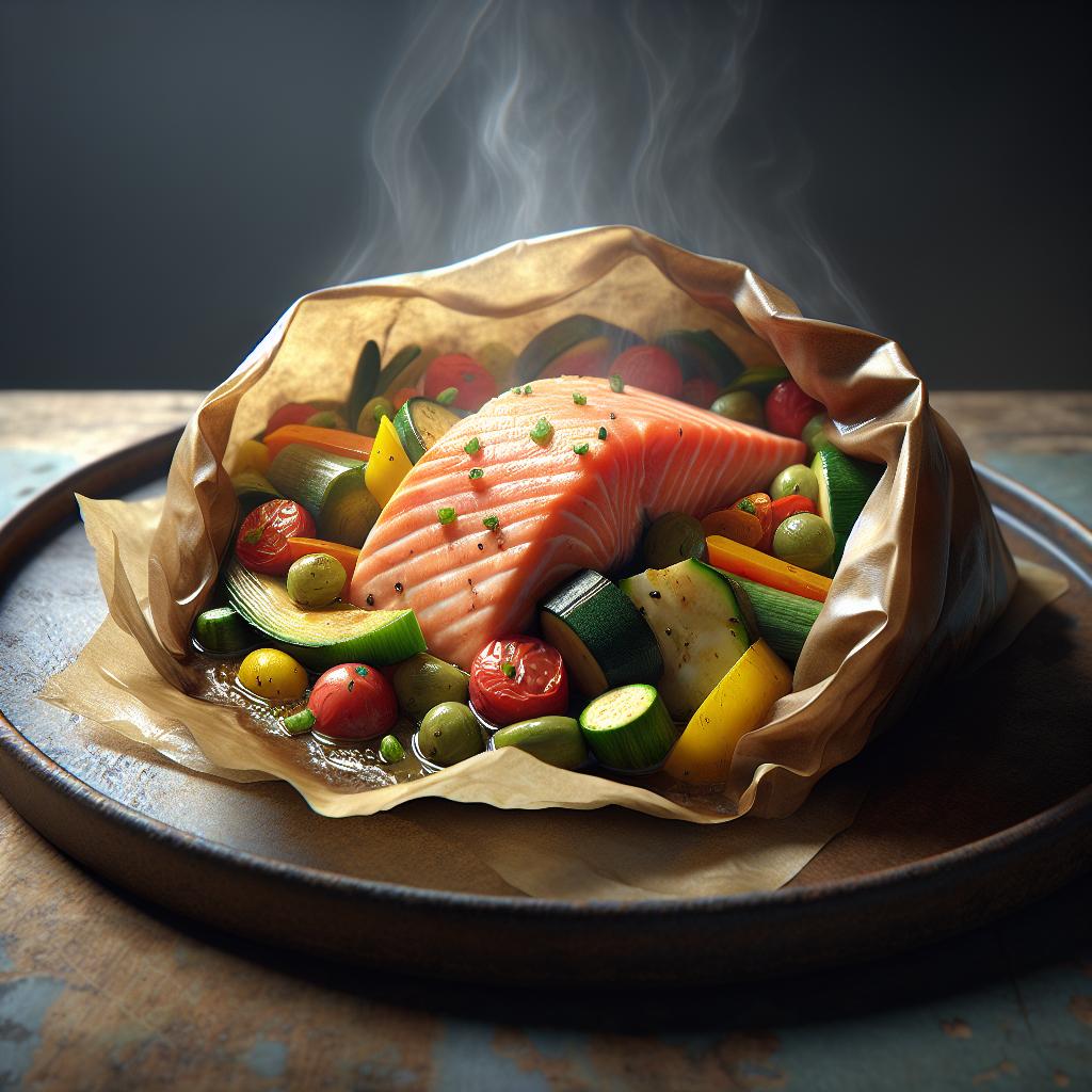 Salmón al papillote con verduras mixtas