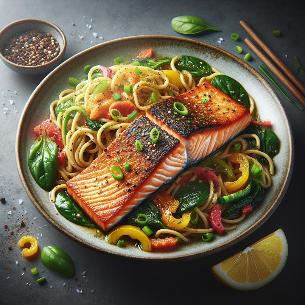 Salmón crujiente con ensalada de noodles