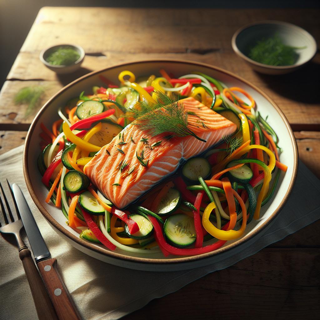 Salmón en carpione con juliana de verduras