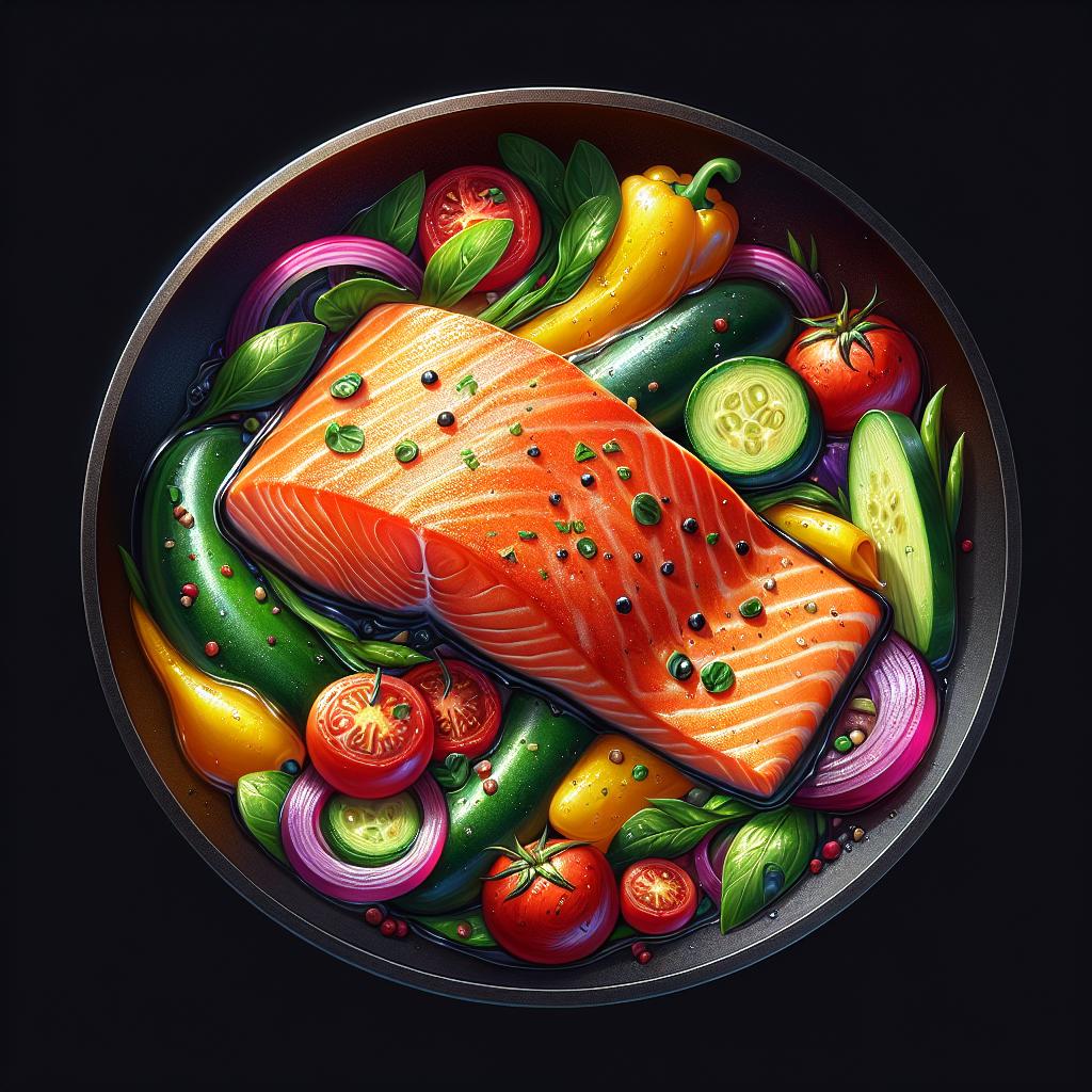 Salmón en sartén con verduras