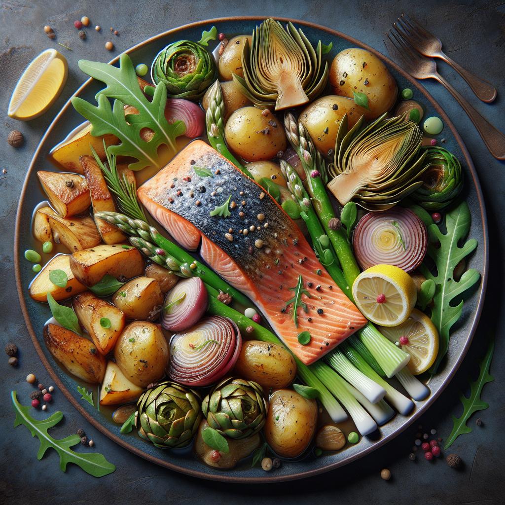 Salmón, patatas, alcachofas y rúcula