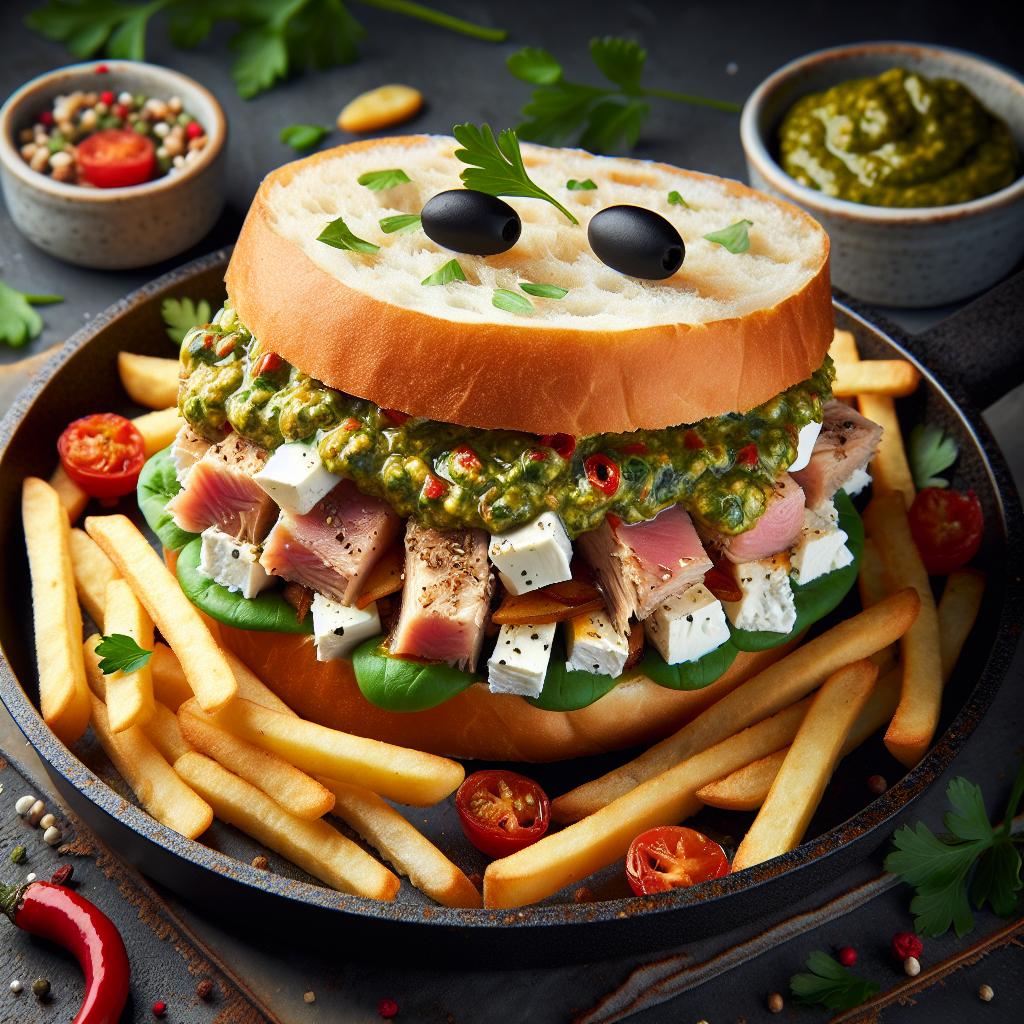 Sándwich picante con atún, queso de cabra y pesto de aceitunas
