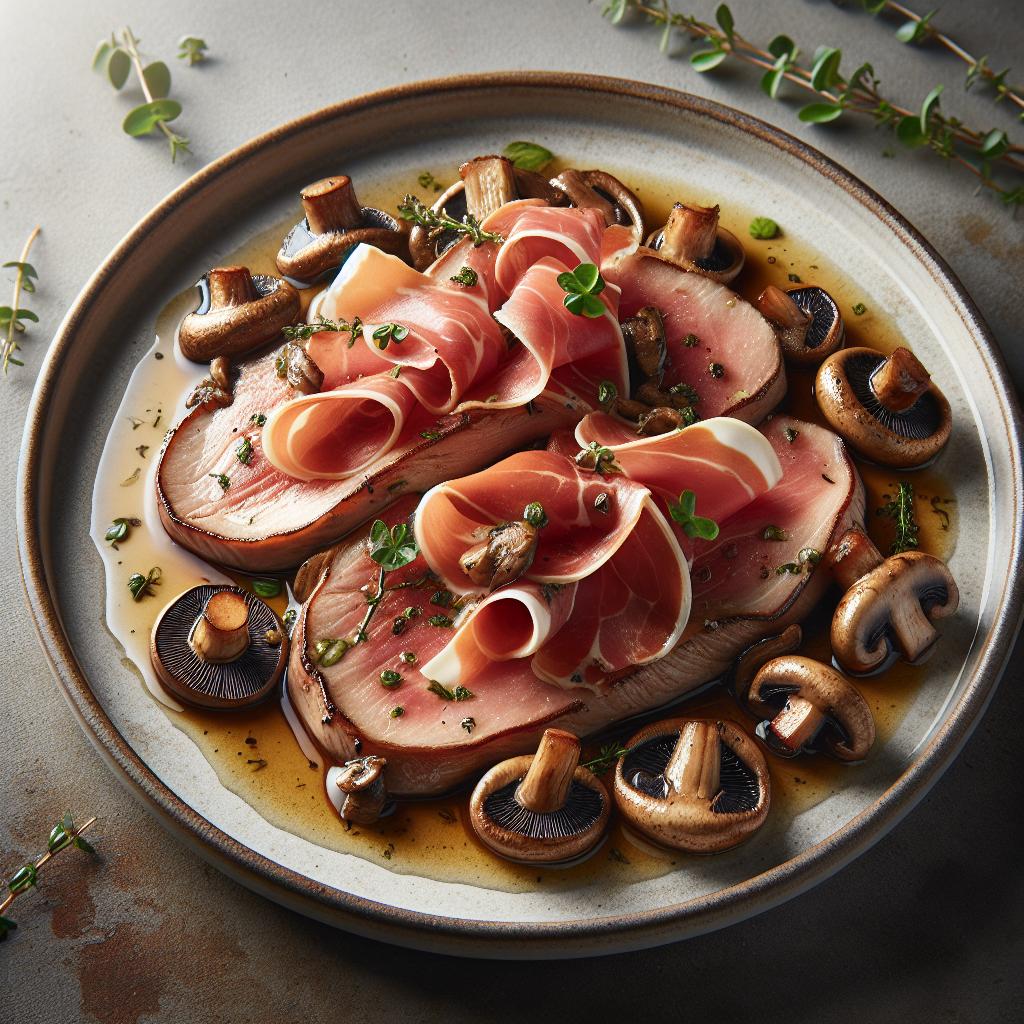 Escalopines de ternera con jamón y setas