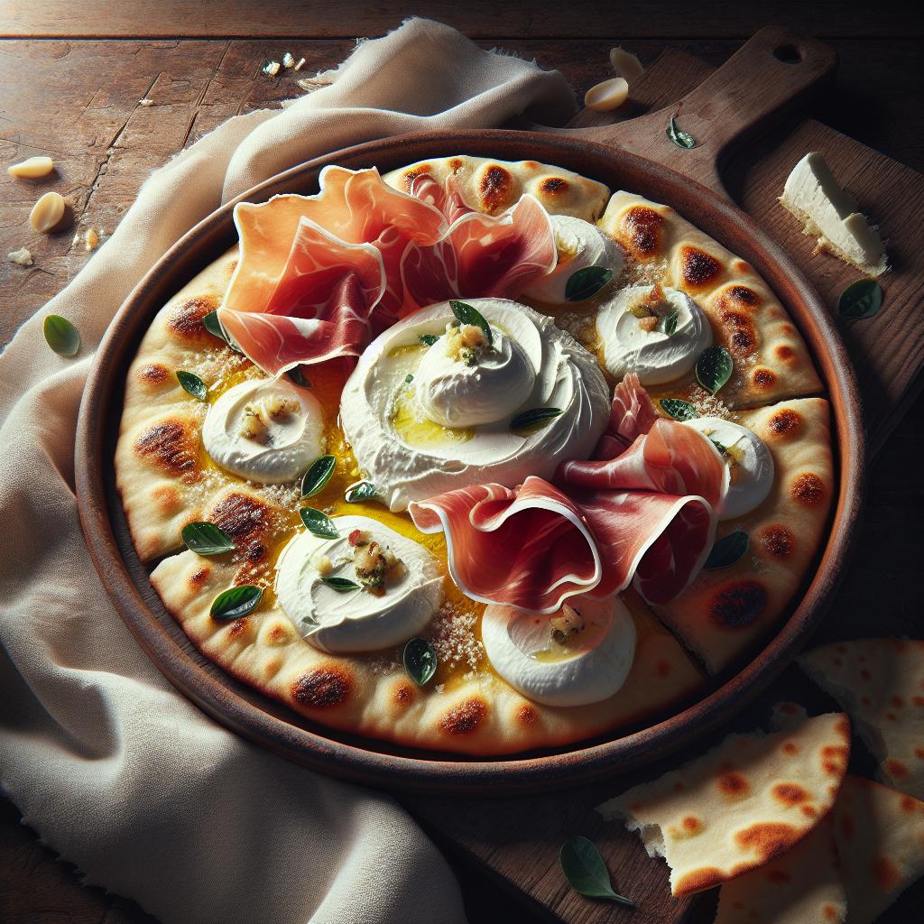 Schiacciate con crema de squacquerone y culatello