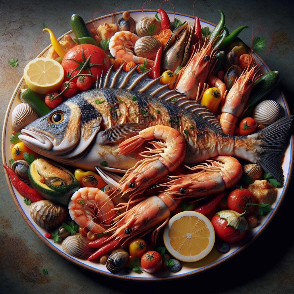 Escórfano con crustáceos y verduras