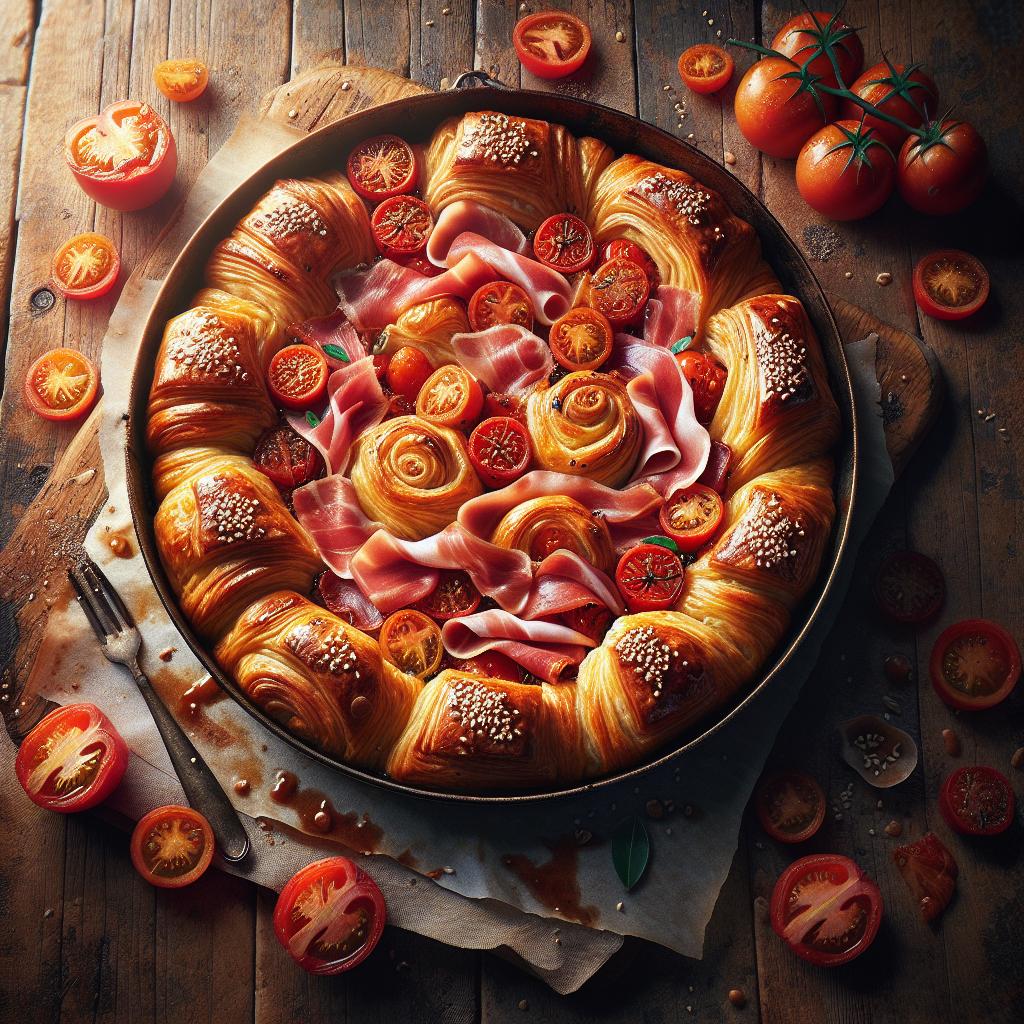 Hojaldre al jamón cocido, tomate y sésamo