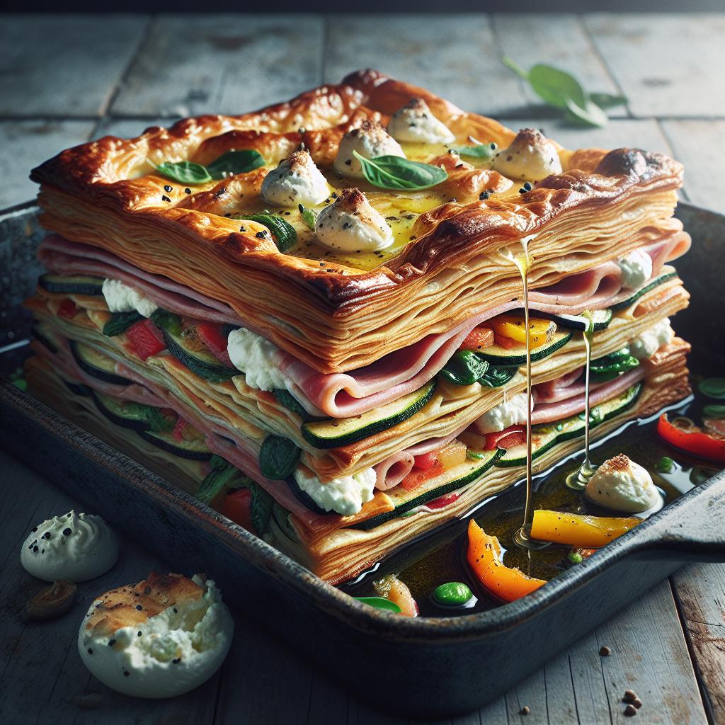 Hojaldre con jamón cocido, ricotta y verduras