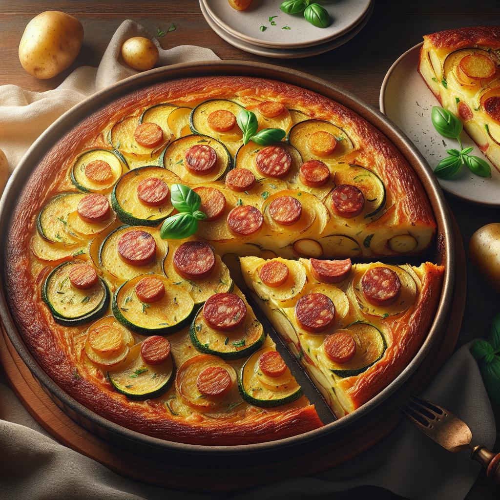 Pastel de patatas calabacines y salchicha