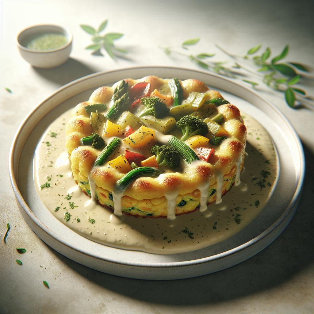 Pastel de verduras de temporada con salsa de queso