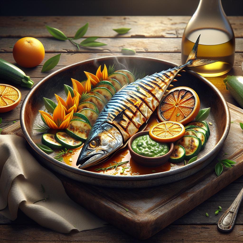 Caballa a la naranja y salsa de flores de calabaza